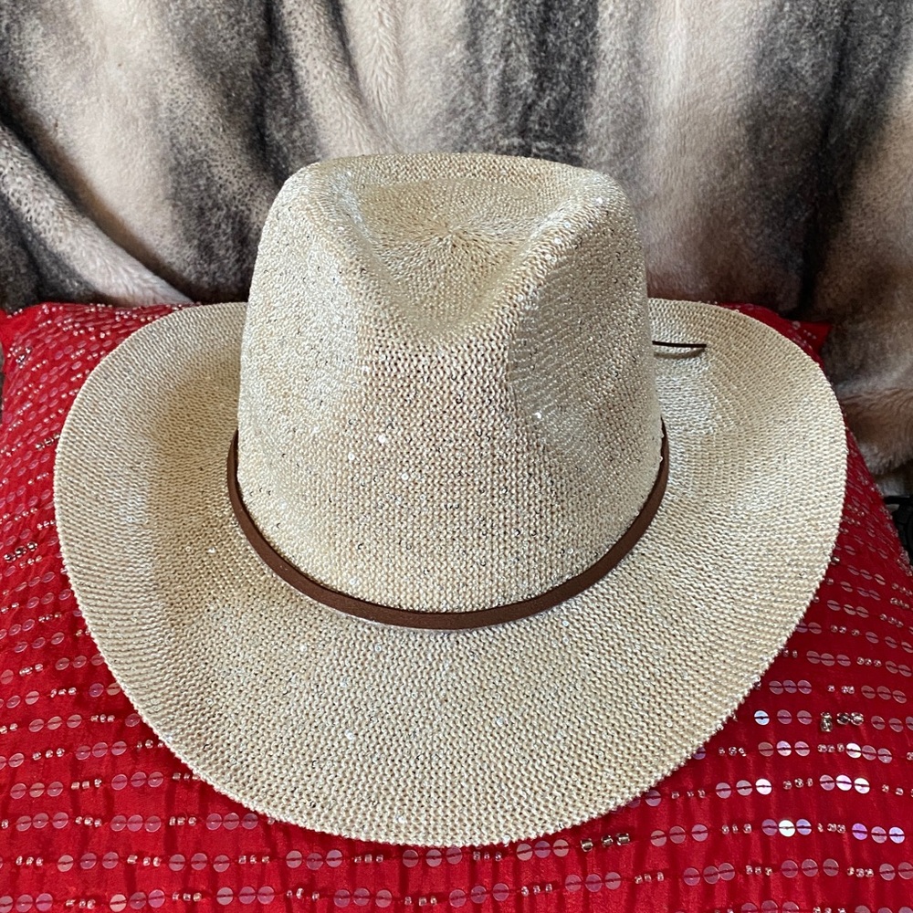 Designer Sparkling Nude Color Nude Sequins Cowboy Hat Adjustable Rim Interior - Picture 2 of 16